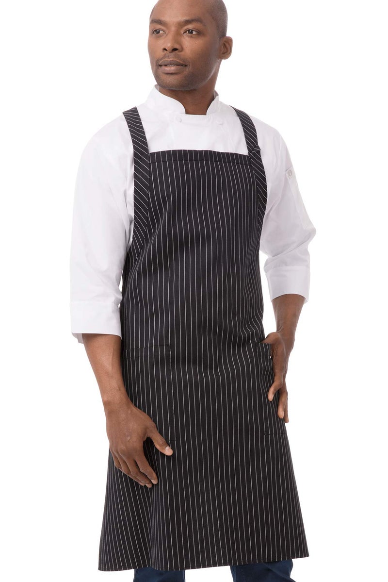 Chef Works Unisex Cross-Back Bib Apron, Black W/ Wht Pinstripe, One Size